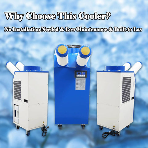 Shop Grade Industrial Air Conditioner And Portable Spot Cooler Equipped With Dual Venting Tubes For No Sweat Cooling Inside Factories Warehouses And Garages 220V 1800W Powerhouse, front and side view, portable design.