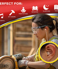 Woman wearing Ultimate Softness Foam Ear Plugs 28 Pair Pack For Maximum Noise Reduction NRR 32, using power tool.