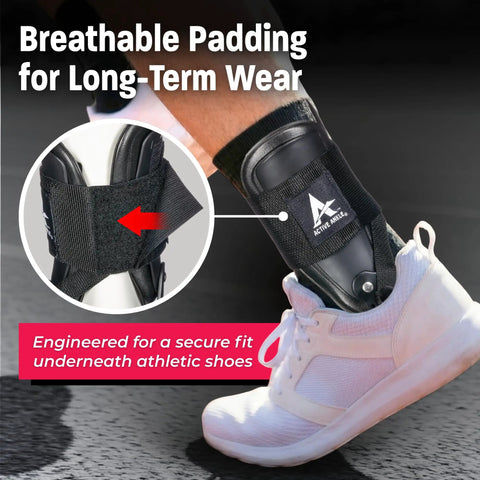 Person wearing T2 Ankle Brace With Rigid U Shaped Shell For Maximum Stability Lightweight EVA Padding Adjustable Fit for Medium Size shoe.