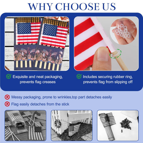 Display of small American flags on sticks in packaging, highlighting secure rubber ring, ideal for patriotic outdoor decor