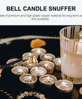 The Real Deal Copper Telescopic Bell Candle Fire Extinguisher With Hella Compact Retractable Design For Quick Flame Control and Solid Home Safety Shield Plus A Tight Little Knockout Gift For Any Kitchen Or Altar Setup, shown in use snuffing candle flames.