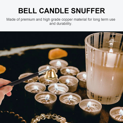 The Real Deal Copper Telescopic Bell Candle Fire Extinguisher With Hella Compact Retractable Design For Quick Flame Control and Solid Home Safety Shield Plus A Tight Little Knockout Gift For Any Kitchen Or Altar Setup, shown in use snuffing candle flames.