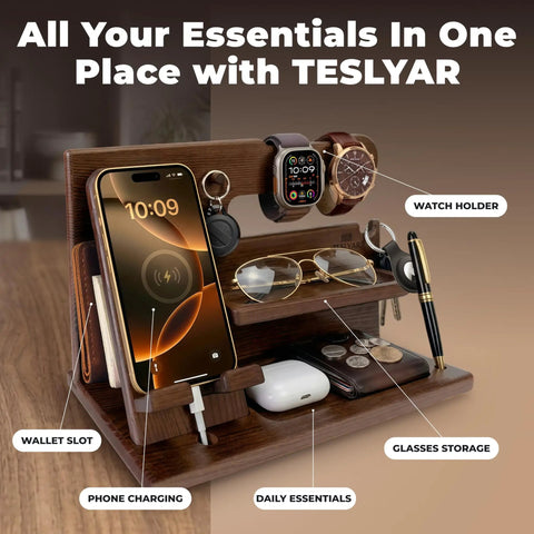 Solid Wood Phone Docking Station And Organizer For Men with slots for phone, watch, keys, and glasses in bourbon brown