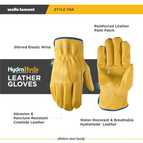 Mens Slip On HydraHyde Leather Work Gloves Water Resistant Breathable Heavy Duty Hand Protection For Gardening Landscaping Ranching Saddletan Large Front and Back View