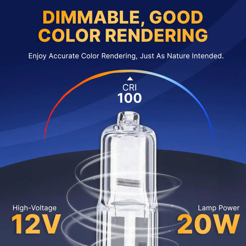 G4 12V 20W Halogen Bulbs Pack Low Voltage For Under Cabinet Puck Lights Chandeliers And Track Lighting Warm White 2700K 10 Pack Bi Pin Lamps With 280 Lumens Compact Size, close-up view emphasizing color rendering quality.