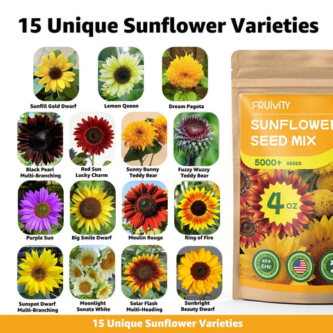 Sunflower Seed Mix Pack With 15 Varieties And 5000 Seeds For Planting Four Ounce Bag Giant Mammoth And Dwarf Garden Varieties High Germination Attracts Pollinators Green Thumb Approved And Easy To Grow