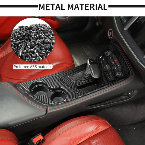 Slick ABS Carbon Fiber Gear Shift Lever Panel Trim Fits 2015-2025 Dodge Challenger Console Shifter Cover showing interior details.