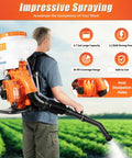 Man using Heavy-Duty Gas Backpack Sprayer With 3.7 Gallon Tank, 2.13kW 41.5cc Engine, 39.4Ft Spray Reach, Manual Start Shoulder Mount