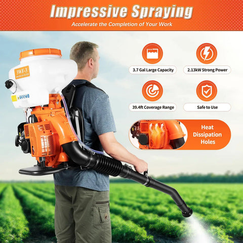 Man using Gas Powered Backpack Sprayer With 41.5cc 2 Stroke Engine, 7500 RPM Fogger Mister Duster, 3.7 Gallon Tank in a field