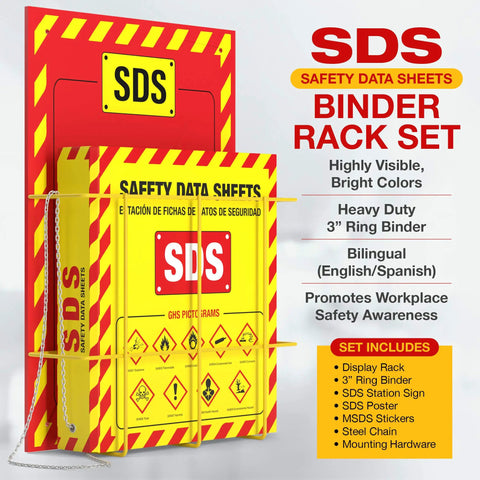 Wall Mounted SDS Station With 3 Inch Binder And Wire Rack OSHA GHS Safety Data Sheet Station Bilingual Labels Display Sign