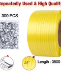 Heavy Duty Banding Strapping Kit With Tensioner And Sealer Tool All In One Pro Grade Half Inch 3500 Feet Polypropylene Strapping 300 Metal Seals Great For Pallets Logistics And Warehouse Use Red, shown with yellow strapping roll and metal seals.