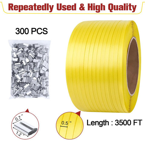 Heavy Duty Banding Strapping Kit With Tensioner And Sealer Tool All In One Pro Grade Half Inch 3500 Feet Polypropylene Strapping 300 Metal Seals Great For Pallets Logistics And Warehouse Use Red, shown with yellow strapping roll and metal seals.