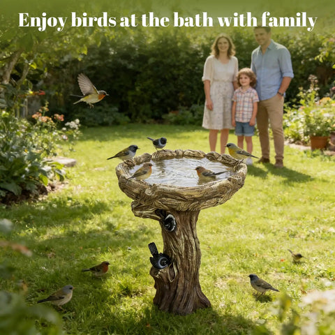 23 Inch Tall Pedestal Bird Bath With Woodland Tree Trunk Decor in garden with birds, fiber reinforced concrete, weatherproof design