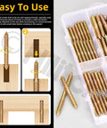 Close-up of 80Pcs 6 Sizes Double Ended Dowel Screws Set For Wood To Wood Joinery with storage box and installation guide.
