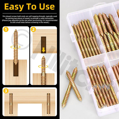 Close-up of 80Pcs 6 Sizes Double Ended Dowel Screws Set For Wood To Wood Joinery with storage box and installation guide.