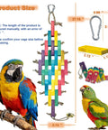 Hella Tough Parrot Chew Toy For Large Birds Natural Wood Blocks With Rope And Locking Carabiner on display with size details.