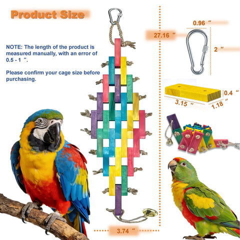 Hella Tough Parrot Chew Toy For Large Birds Natural Wood Blocks With Rope And Locking Carabiner on display with size details.
