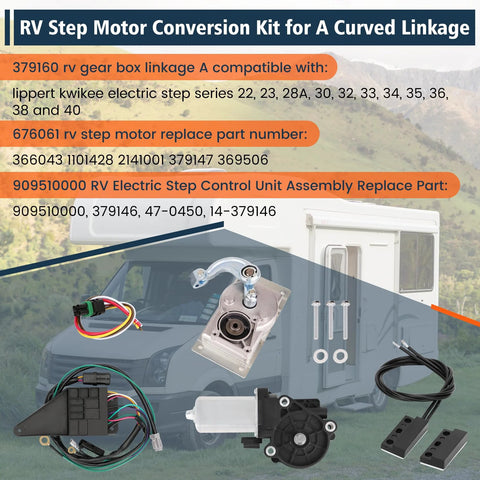 RV step motor conversion kit for curved linkage compatible with Kwikee 22–40 series; includes motor, control unit, wiring.