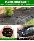 Plastic fixing gasket for increasing force-bearing surface and stability on landscape fabric, shown in use and close-up view