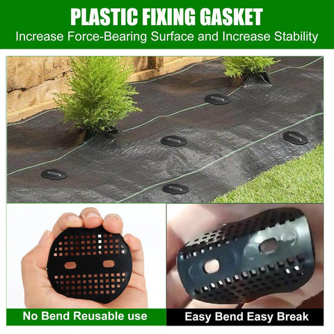 Plastic fixing gasket for increasing force-bearing surface and stability on landscape fabric, shown in use and close-up view