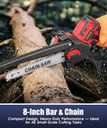 18V Mini Chainsaw With Auto-Oiler, 8-Inch Brushless Cordless Pruning Saw, 4000 RPM For Cutting Wood And Trimming Trees, Cuts Up To 200 Millimeters, Battery Not Included, Red trimming a log