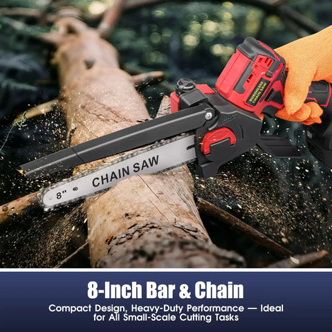 18V Mini Chainsaw With Auto-Oiler, 8-Inch Brushless Cordless Pruning Saw, 4000 RPM For Cutting Wood And Trimming Trees, Cuts Up To 200 Millimeters, Battery Not Included, Red trimming a log