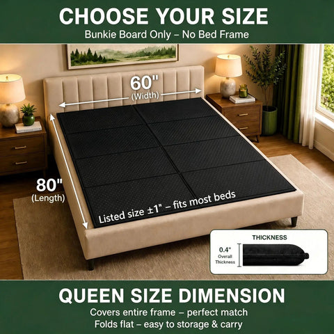 Queen Size Bunkie Board 60x80 Heavy Duty Mattress Support shown on bed frame with grip dots and clear size details.