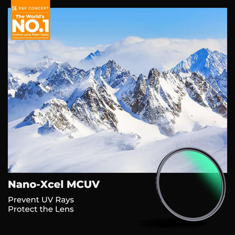 Ultra Slim 82mm MC UV Filter With 28 Multi Layer Coatings For Crispy Clear Pics in front of snow-capped mountain scene