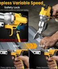 Cordless Metal Shears Brushless Sheet Metal Cutter Bare Tool No Battery Included Beefy Heavy Duty For Cutting Stainless Steel Iron Leather Cardboard Carpet And More 20V Max Battery Compatible demonstrating variable speed control with visual instructions for safety lock usage.
