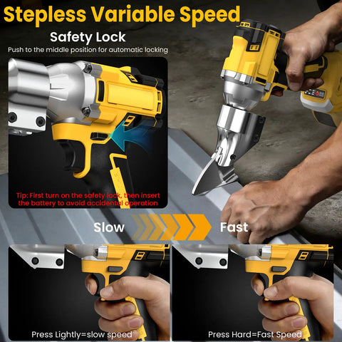 Cordless Metal Shears Brushless Sheet Metal Cutter Bare Tool No Battery Included Beefy Heavy Duty For Cutting Stainless Steel Iron Leather Cardboard Carpet And More 20V Max Battery Compatible demonstrating variable speed control with visual instructions for safety lock usage.