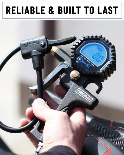 Dual Head Presta Schrader Air Chuck With Digital Tire Gauge And Inflator 3 To 200 PSI Precision One Percent in hand