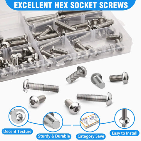 Badass 81 Piece 1/4-20 Button Head Socket Cap Bolt Assortment Kit Made From Rugged 304 Stainless Steel in a clear storage box.