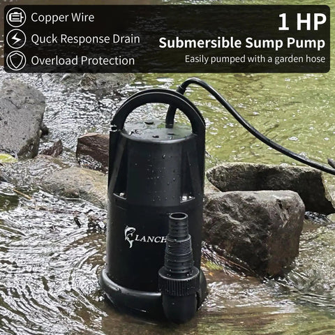 Heavy Duty 1 HP Submersible Sump Pump With 4700 GPH Flow, thermoplastic portable utility pump in outdoor water setting