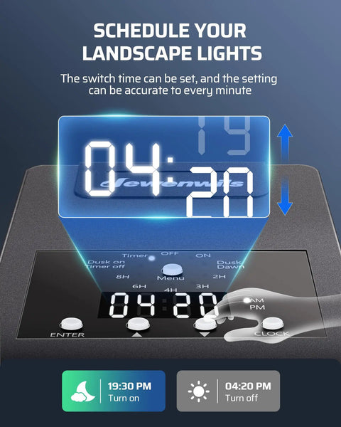Close-up of 120W Low Voltage Outdoor Transformer With Photocell Sensor and Timer, showing digital display and timer settings interface.