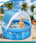 Foldable 47 Inch Kiddie Pool With Sprinkler Canopy, kids playing under sun shade and mosquito net in backyard.