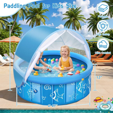 Foldable 47 Inch Kiddie Pool With Sprinkler Canopy, kids playing under sun shade and mosquito net in backyard.
