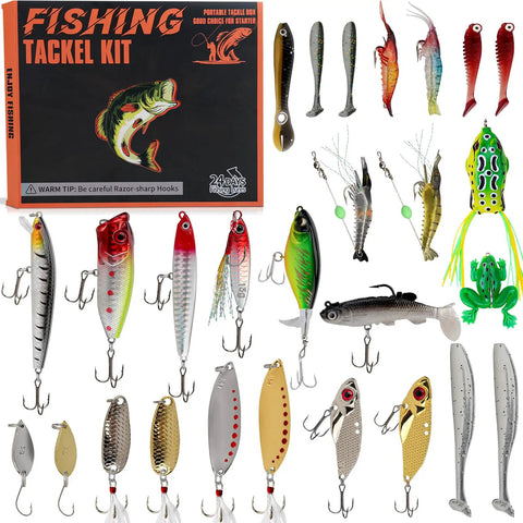 27-Piece Fishing Lures Kit With Hard And Soft Baits For Bass, Trout, Pike, Deep Diving Crankbaits In Premium Gift Box, Freshwater And Saltwater Tackle Gear For Men, Dads, And Husbands Who Live The Angling Life displayed with various lures and box.