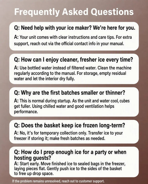 FAQ sheet for Sleek Countertop Ice Maker With Portable Stainless Steel Design, addressing common user questions.