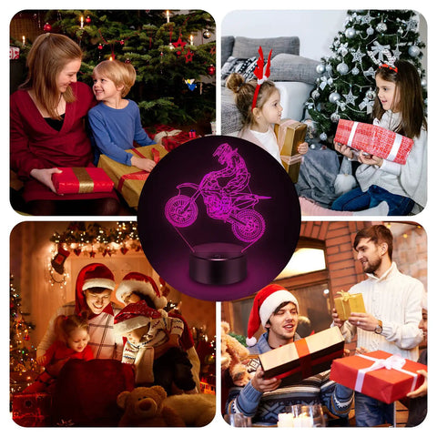 Dirt Bike 3D Night Light With 16 Color Changing LEDs displayed in a cozy Christmas setting with gifts and decorations.