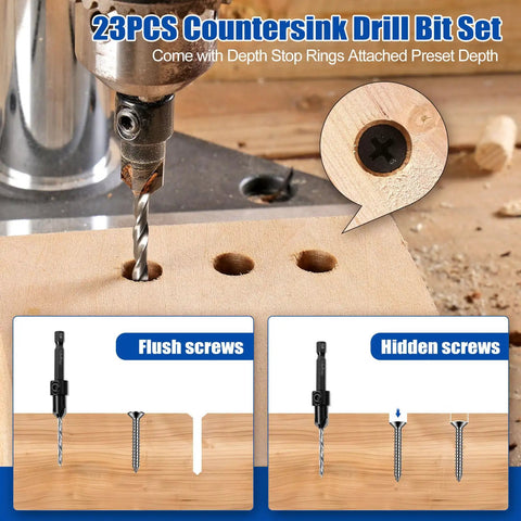 Do-It-All Countersink Drill Bit Set For Woodworking, 23-Piece Pro-Grade Kit, drilling wood with depth stop rings visible