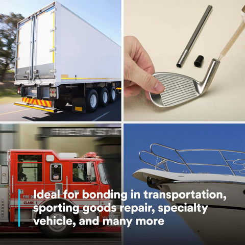 Composite urethane adhesive DP6310NS used in truck, golf club, fire engine, and boat repair scenarios.