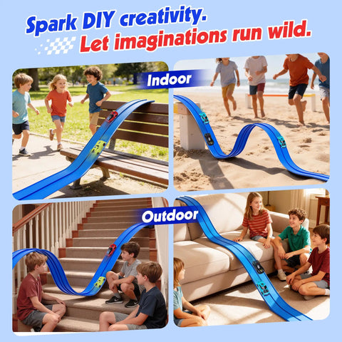 Children playing with 16 Foot Flexible Race Track Set For Kids indoors and outdoors, with roll up DIY lanes and dual tracks.