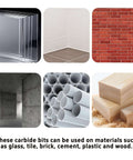 PDETVEO 5PCS 15/64-inch Solid Carbide Drill Bit Set; collage shows metal sheets, tile, brick, concrete, PVC pipes, wood