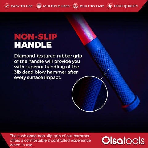 Close-up of non-slip grip handle on 3 Lb Dead Blow Hammer With Non Marring Polyurethane Head, Steel Shot Filled For Rebound Free Strikes.