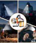 Rechargeable LED Headlamp With External Battery Pack For Camping, Biking And Fishing, Ultra Bright White Light, 3 Modes High Low Flash, Lightweight Head Torch With Separate Battery Belt Clip, Hands Free Illumination shown in various outdoor activities.