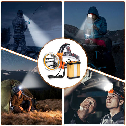 Rechargeable LED Headlamp With External Battery Pack For Camping, Biking And Fishing, Ultra Bright White Light, 3 Modes High Low Flash, Lightweight Head Torch With Separate Battery Belt Clip, Hands Free Illumination shown in various outdoor activities.