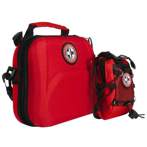 Be Smart Get Prepared 398pc emergency first aid kit with bonus mini kit; two red nylon pouches (large and small) with logo.