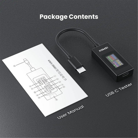 Package contents of Workhorse All-In-One USB C Power Meter Tester 4-30V 0-6.5A Digital Multimeter showing device and user manual