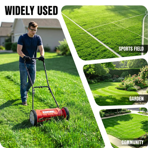 Push Reel Lawn Mower With 23 Inch Cutting Width And 5 Blade Cutting System For Quiet No Gas Lawn Care On Regularly Mowed Lawns With Soft Grass Under 2 To 4 Inches Easy To Maneuver And Low Maintenance, used on a lawn