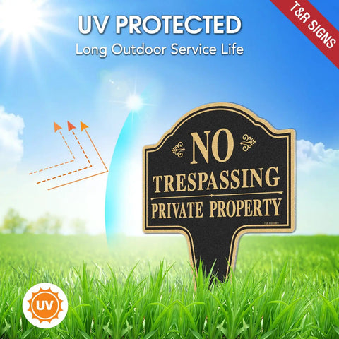 Hefty No Trespassing Signs 2 Pack Private Property Stakes Rock Solid Aluminum visible against sunny outdoor grass backdrop.